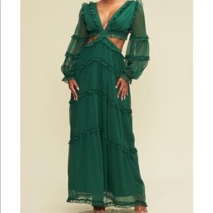 Ruffle Long Sleeve Maxi Dress in Green